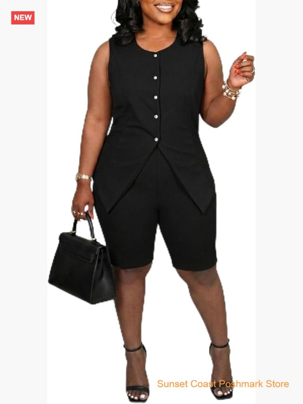 Plus Size 2 Piece Vest Shorts Set Sleeveless Button Down Pockets Business